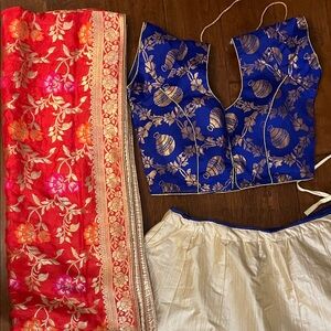 Vibrant Red and Blue Embroidered Lehenga Set